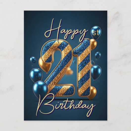 Carte Postale Ballons et banderoles bleus et or 21e anniversaire (Devant)