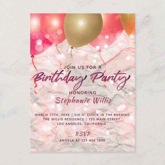 Carte Postale Ballons Et Étincelles Sur Papier Anniversaire (Devant)