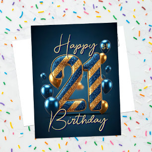 Carte Postale Ballons et Rayures Bleus et Dorés 21e Anniversaire