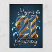 Carte Postale Ballons et rayures bleus et or 21e anniversaire (Devant)