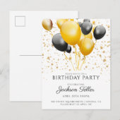 Carte Postale Ballons Noir Or Invitation de fête d'anniversaire (Devant / Derrière)