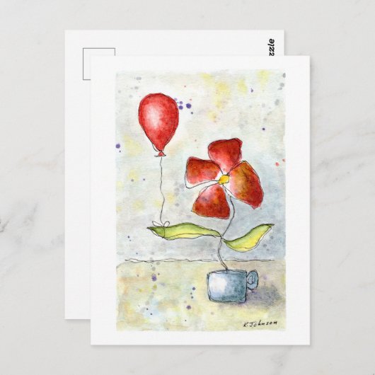 Carte postale Ballons rouges et aquarelle à fleurs (Devant / Derrière)