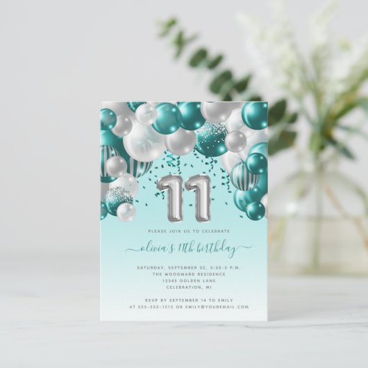 Carte Postale Balloon Arch Turquoise Argent 11e fête d'anniversa (Debout devant)