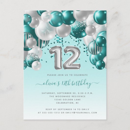 Carte Postale Balloon Arch Turquoise Argent 12e fête d'anniversa (Devant)