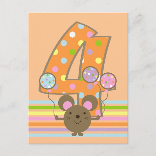 Carte postale Balloon Mouse Orange 4e anniversaire (Devant)