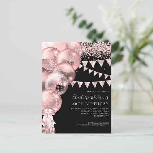 Carte Postale Balloon Rose noir Parties scintillant or n'importe (Debout devant)