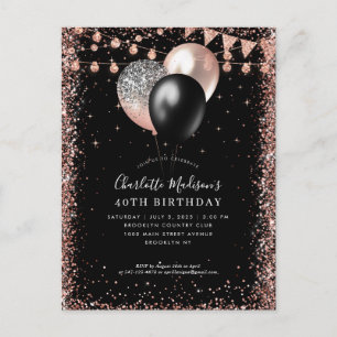Carte Postale Balloon Rose noir Parties scintillant or n'importe