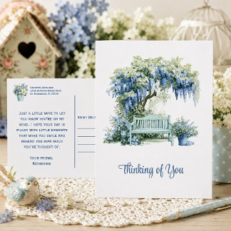 Carte Postale Banc de jardin au wisteria bleu en pensant à vous