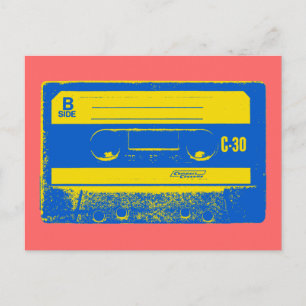 Carte Postale Bande Cassette Rétro Bleue et Jaune