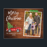 Carte Postale Bande d'artisanat Script Camion Bois Noël<br><div class="desc">Script de brosse moderne Aquarelle Vintage Camion rouge avec arbre de Noël Joyeux Noël Famille Photo Carte postale - Russe Pays Bois,  Vert Flocon d'eau de l'artisanat Bande</div>