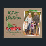 Carte Postale Bande d'artisanat Script Camion Kraft Noël<br><div class="desc">Script de brosse moderne Aquarelle Vintage Camion rouge avec arbre de Noël Joyeux Noël Famille Photo Carte postale - Papier Kraft rustique,  Bande d'artisanat de flocon vert</div>