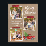 Carte Postale Bande d'embarcation plate Camion rouge Kraft de No<br><div class="desc">Brosse moderne Script Joyeux Noël 3 Photo Collage Carte postale de vacances comprend bande d'artisanat rouge et aquarelle Camion rouge Vintage avec arbre de Noël. Papier Rustique Kraft.</div>