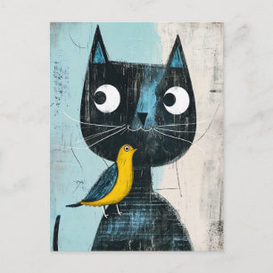 Carte Postale Bande dessinée conviviale Chat noir avec Oiseau ja