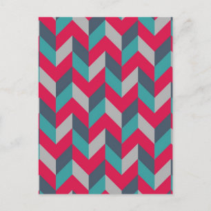 Carte Postale Bande géométrique de Herringbone Gris bleu rouge