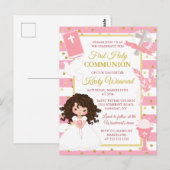 Carte Postale Bande rose Brunette Cheveux Fille Première Communi (Devant / Derrière)