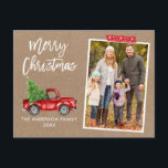 Carte Postale Bande rouge Camion Brochure Script Kraft Noël<br><div class="desc">Script de brosse moderne Aquarelle Vintage Camion rouge avec arbre de Noël Joyeux Noël Famille Photo Carte postale - Papier Kraft rustique,  ruban de papier Snowflake</div>