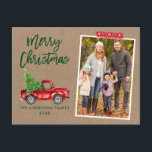 Carte Postale Bande rouge Script de bande Camion Kraft Noël<br><div class="desc">Script de brosse moderne Aquarelle Vintage Camion rouge avec arbre de Noël Joyeux Noël Famille Photo Carte postale - Papier Kraft rustique,  Bande d'artisanat de flocon rouge</div>