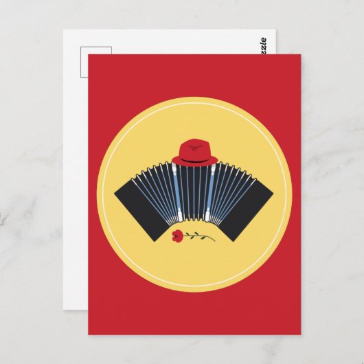 Carte Postale Bandoneon en tango argentin avec Fedora rouge et R (Devant / Derrière)