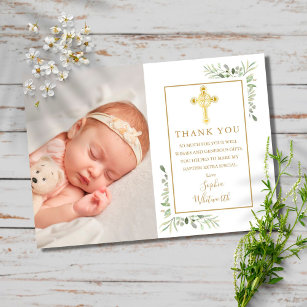 Carte Postale Baptême Christening Gold Cross Green Photo