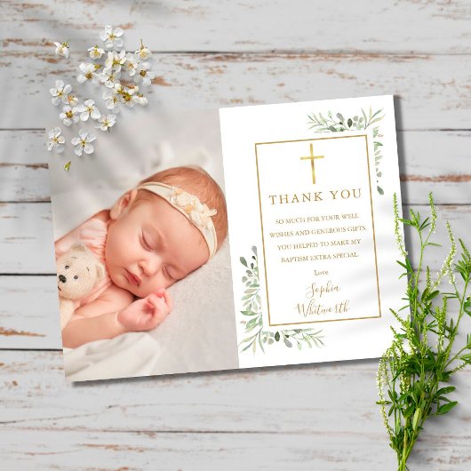 Carte Postale Baptême Christening Verdure Photo Merci
