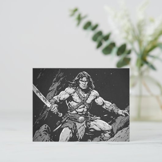 Carte Postale Barbare avec une large épée style graphique encre  (Debout devant)