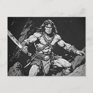 Carte Postale Barbare avec une large épée style graphique encre 