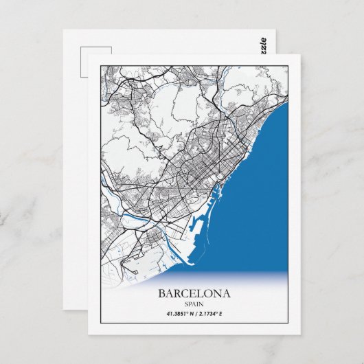 Carte Postale Barcelone Espagne City Map Voyage Simple Minimal (Devant / Derrière)