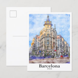 Carte Postale Barcelone Espagne Voyage Aquarelle main tiré