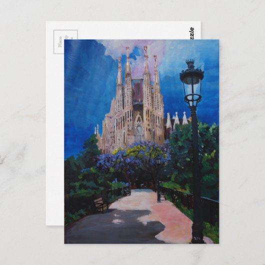 Carte Postale Barcelone Sagrada Familia avec parc et lanterne (Devant / Derrière)