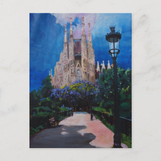 Carte Postale Barcelone Sagrada Familia avec parc et lanterne