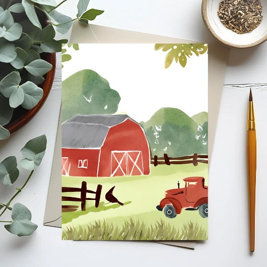 Carte Postale Barne rouge | Peinture de tracteur d'aquarelle agr