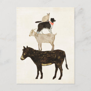 Carte Postale Barnyard Bufs - Âne, Chèvre, Chien, Chat