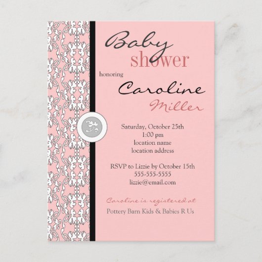 Carte Postale Baroque en Baby shower rose Invitation (Devant)
