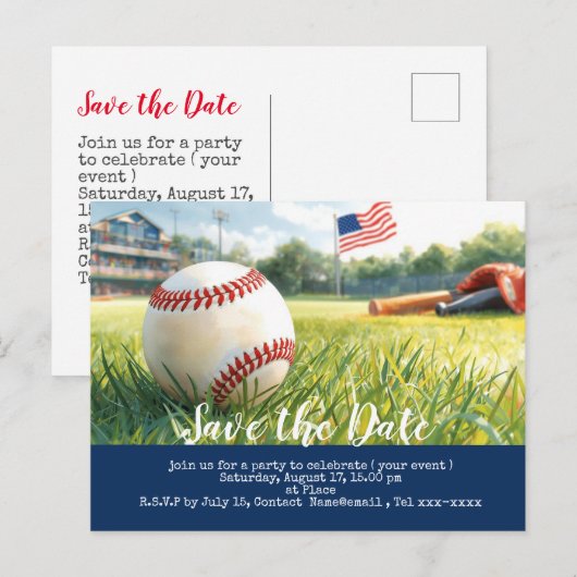 Carte Postale Base-ball sauve la date avec le drapeau de l'Améri (Devant / Derrière)