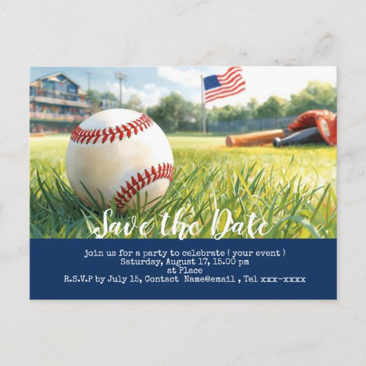 Carte Postale Base-ball sauve la date avec le drapeau de l'Améri (Devant)