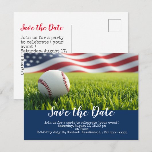Carte Postale Base-ball sauve la date avec le drapeau de l'Améri (Devant / Derrière)
