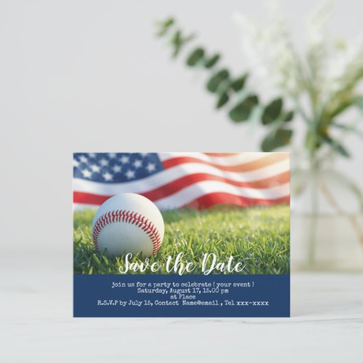 Carte Postale Base-ball sauve la date avec le drapeau de l'Améri (Debout devant)