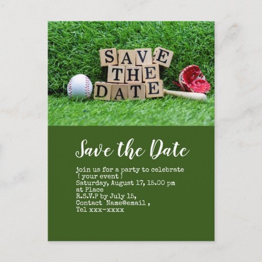 Carte Postale Baseball enregistrer la date avec balle sur vert (Devant)