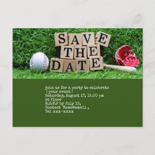 Carte Postale Baseball enregistrer la date avec balle sur vert (Devant)