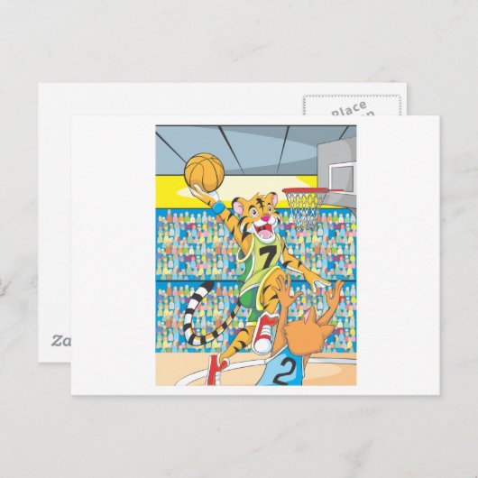 Carte Postale Basketball Slam Dunk par Tiger, Gardée par un Fox (Devant / Derrière)