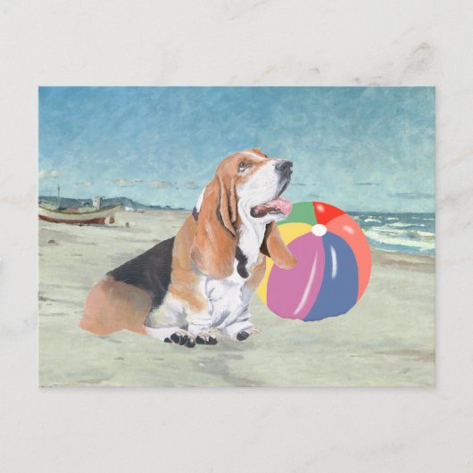 Carte Postale Basset Hound à la Plage (Devant)