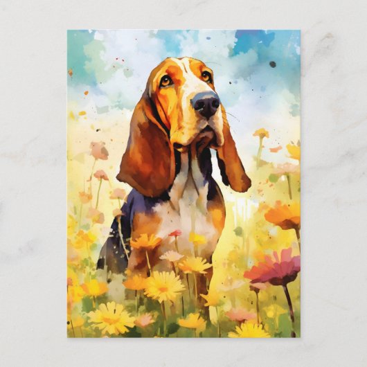 Carte Postale Basset Hound aquarelle colorée artwork (Devant)