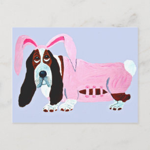 Carte Postale Basset Hound en tenue de lapin rose