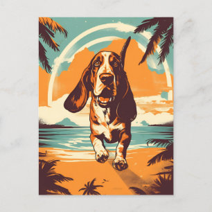 Carte Postale Basset Hound sur une plage tropicale au coucher du