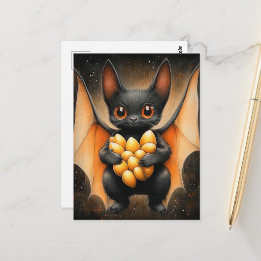 Carte Postale Bat D'Halloween Adorable Avec Graines Citrouilles (Devant/Arrière en situation)