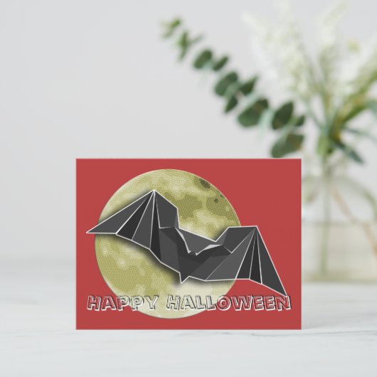 Carte Postale Bat en papier Origami avec Lune Bleue/Jaune/Brown (Debout devant)