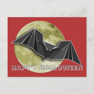 Carte Postale Bat en papier Origami avec Lune Bleue/Jaune/Brown