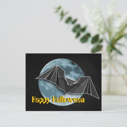 Carte Postale Bat en papier Origami avec Lune Bleue/Jaune/Brown (Debout devant)
