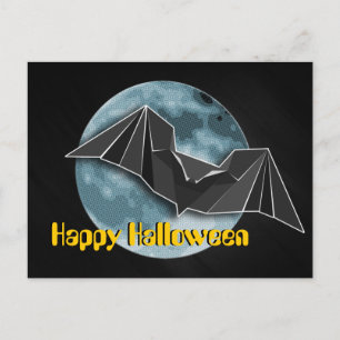 Carte Postale Bat en papier Origami avec Lune Bleue/Jaune/Brown