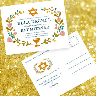 Carte Postale Bat mitzvah à couronne florale sur mesure dessiné
